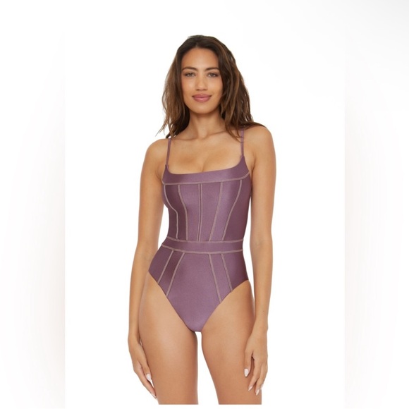 NEW BECCA Sheen Corset Purple Stretch-Satin Seamed One-Piece Swimsuit size large - Picture 1 of 12